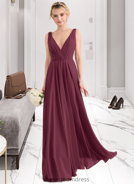 Vicky A-Line V-neck Floor-Length Chiffon Bridesmaid Dress With Ruffle DHP0012789