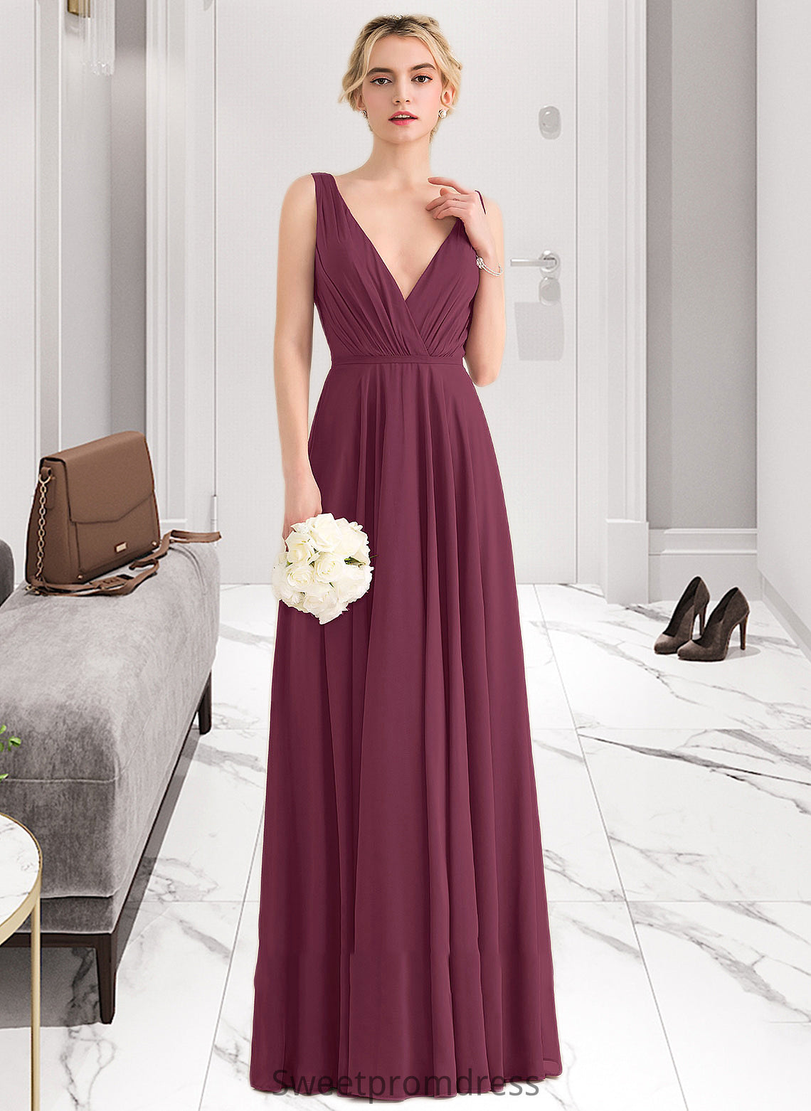 Vicky A-Line V-neck Floor-Length Chiffon Bridesmaid Dress With Ruffle DHP0012789