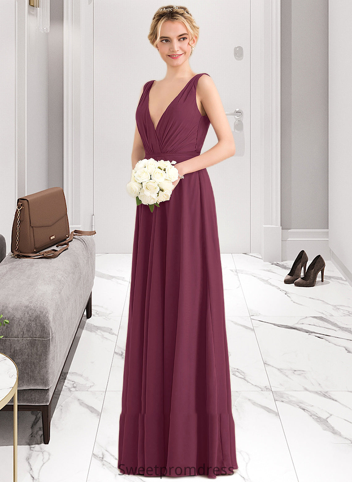 Vicky A-Line V-neck Floor-Length Chiffon Bridesmaid Dress With Ruffle DHP0012789