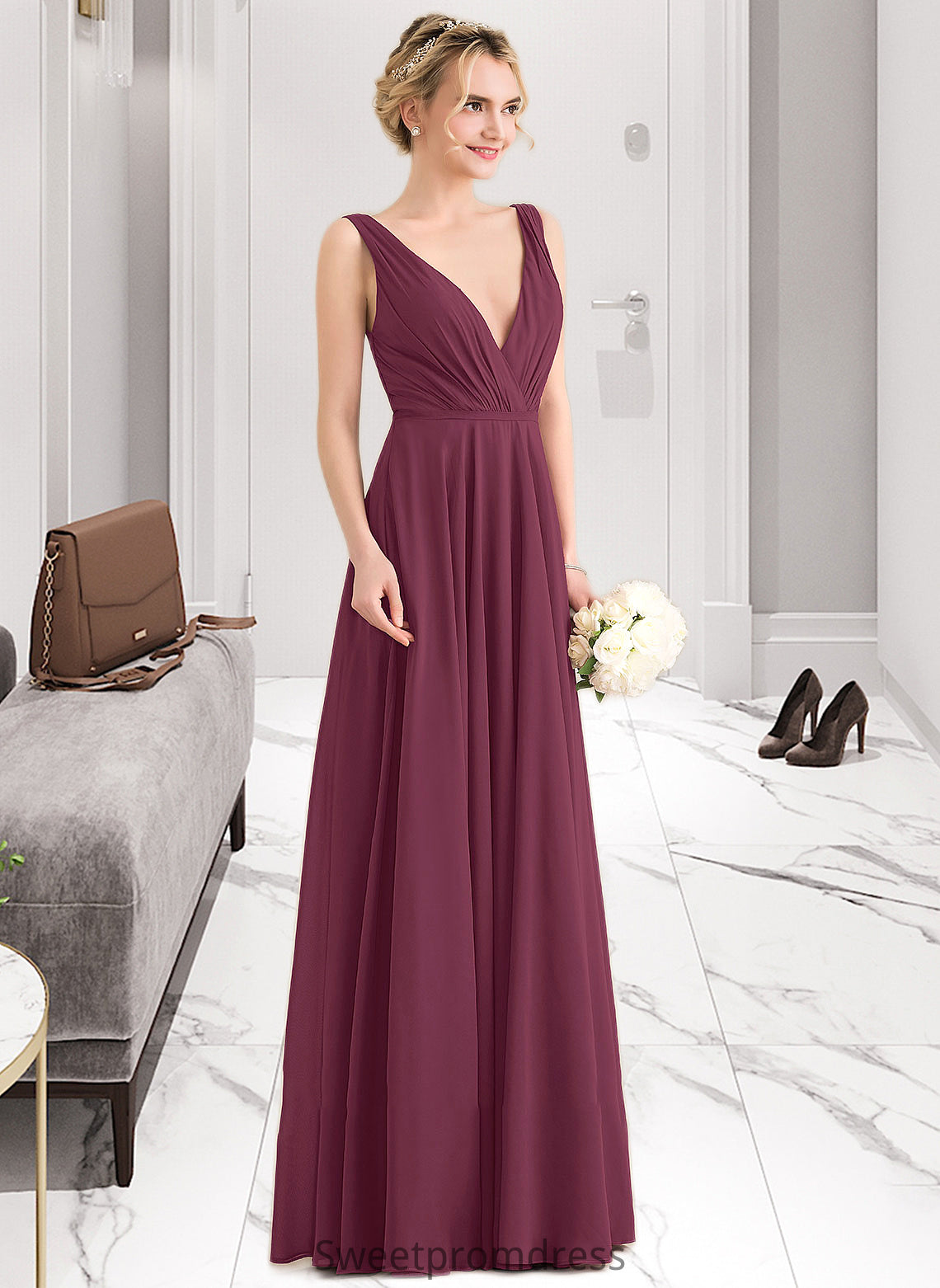 Vicky A-Line V-neck Floor-Length Chiffon Bridesmaid Dress With Ruffle DHP0012789