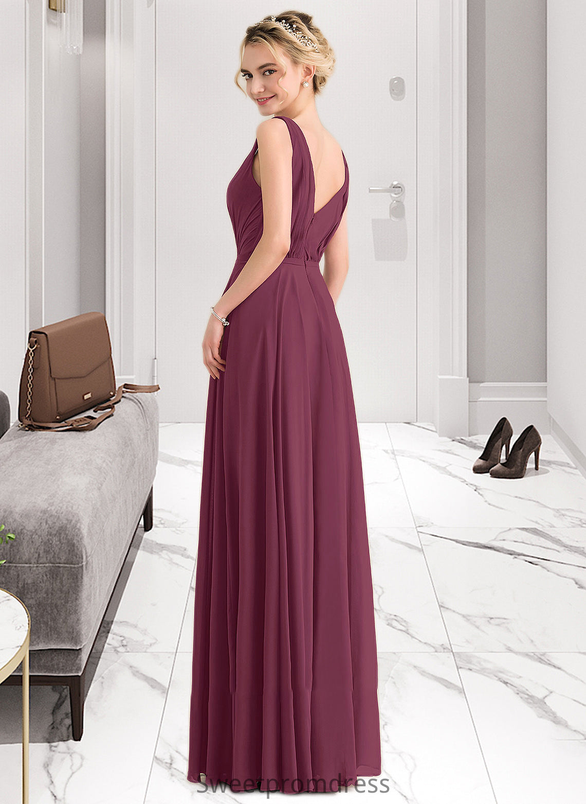 Vicky A-Line V-neck Floor-Length Chiffon Bridesmaid Dress With Ruffle DHP0012789