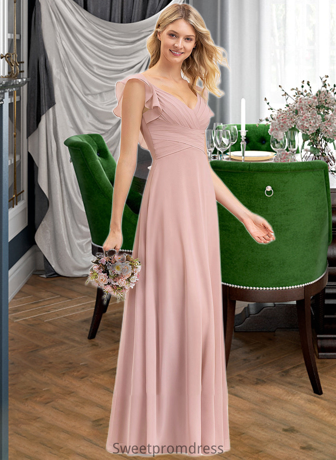 Raven Empire V-Neck Floor-Length Chiffon Bridesmaid Dress With Cascading Ruffles DHP0012790