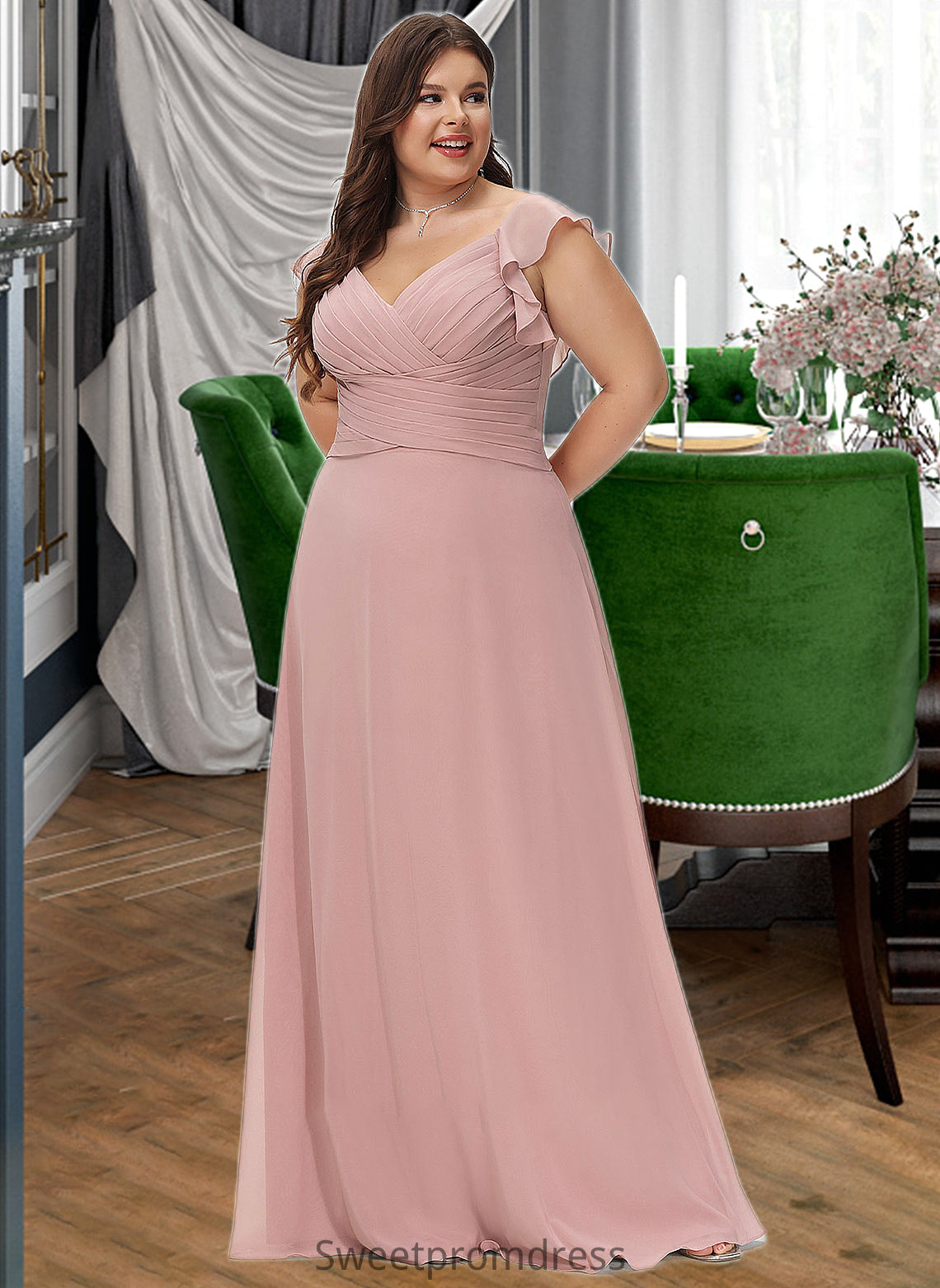 Raven Empire V-Neck Floor-Length Chiffon Bridesmaid Dress With Cascading Ruffles DHP0012790