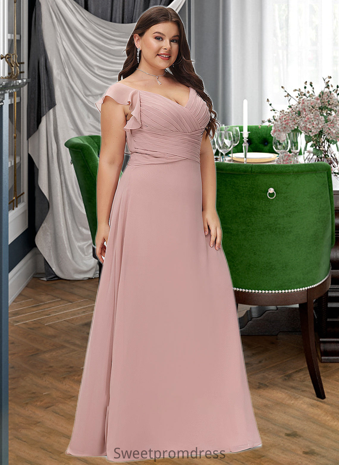 Raven Empire V-Neck Floor-Length Chiffon Bridesmaid Dress With Cascading Ruffles DHP0012790