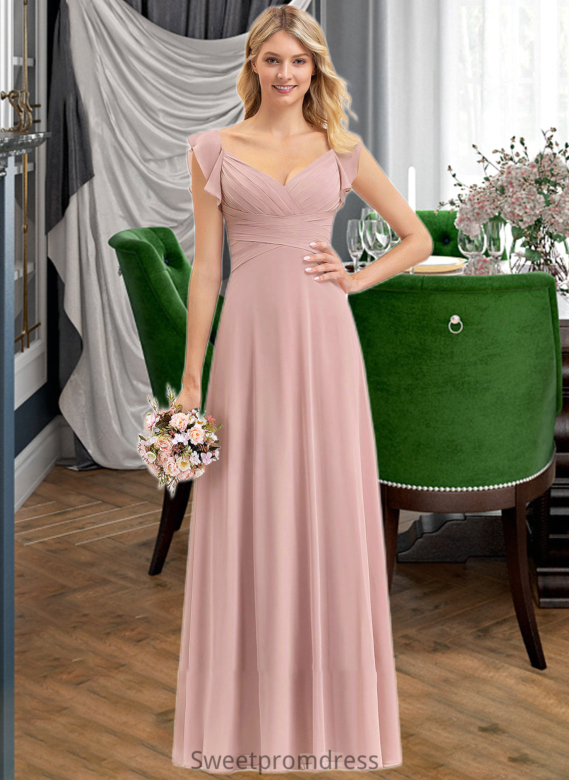 Raven Empire V-Neck Floor-Length Chiffon Bridesmaid Dress With Cascading Ruffles DHP0012790