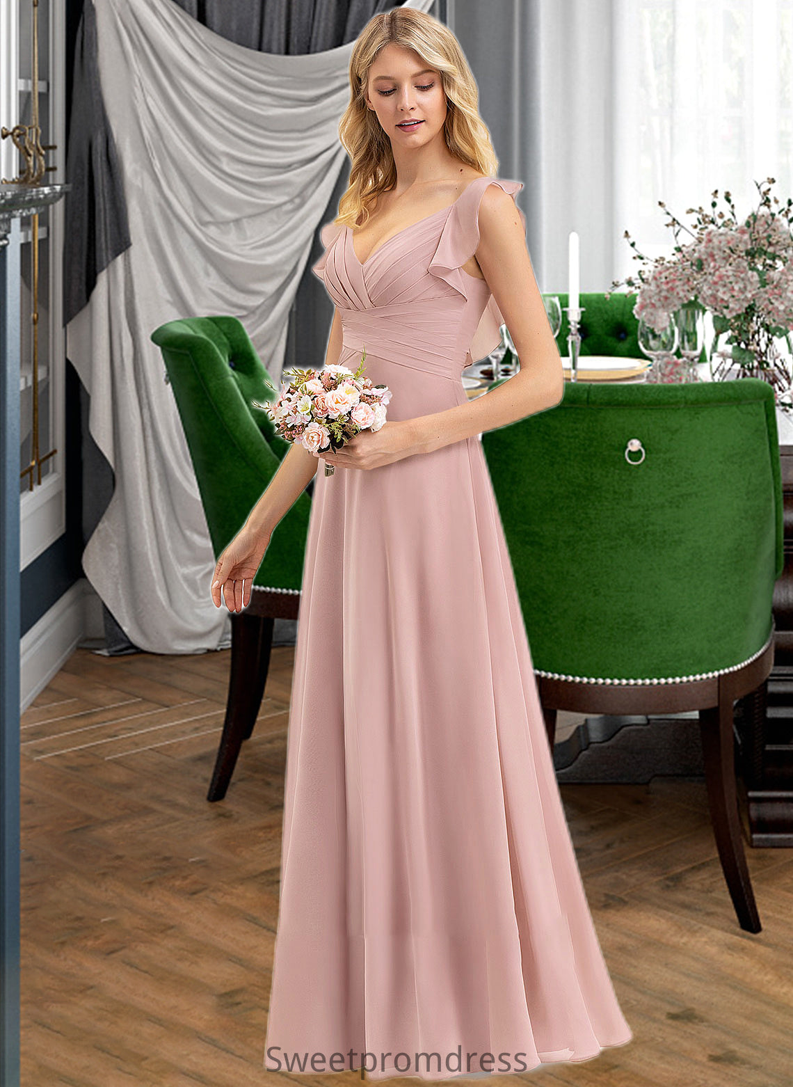 Raven Empire V-Neck Floor-Length Chiffon Bridesmaid Dress With Cascading Ruffles DHP0012790