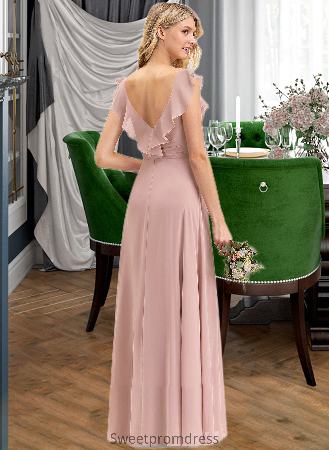 Raven Empire V-Neck Floor-Length Chiffon Bridesmaid Dress With Cascading Ruffles DHP0012790