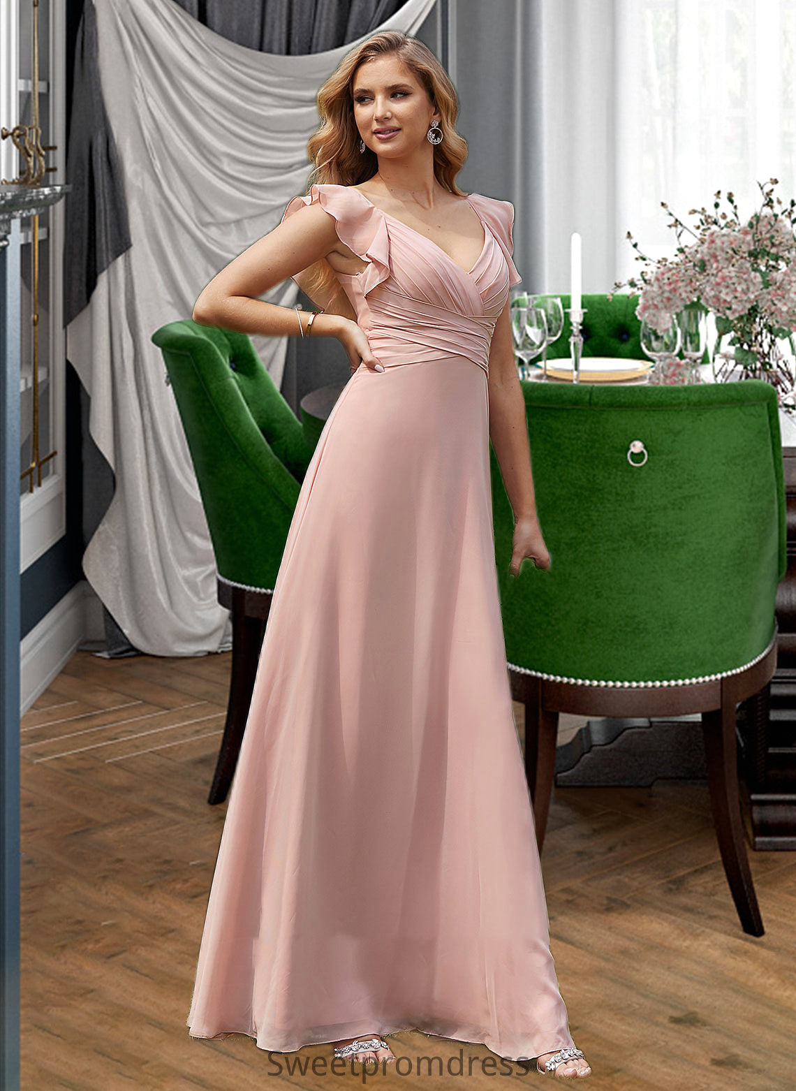 Raven Empire V-Neck Floor-Length Chiffon Bridesmaid Dress With Cascading Ruffles DHP0012790