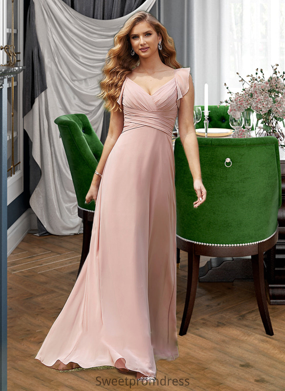 Raven Empire V-Neck Floor-Length Chiffon Bridesmaid Dress With Cascading Ruffles DHP0012790