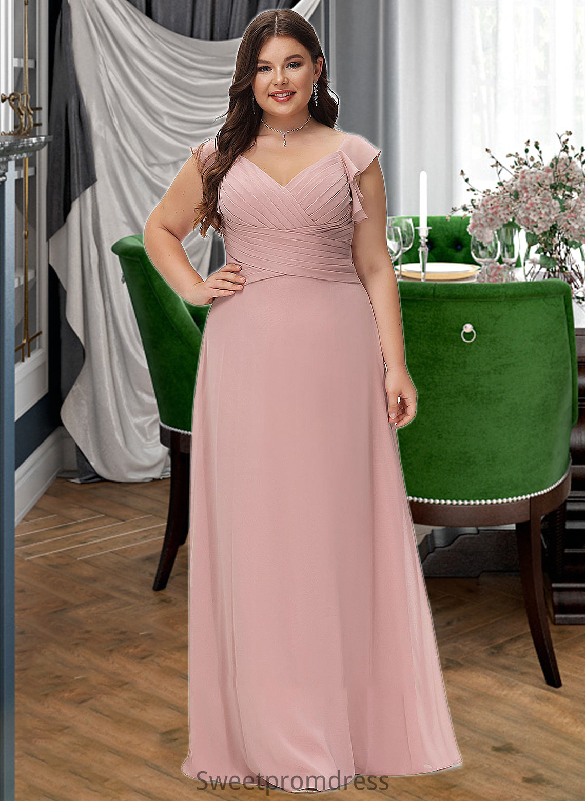 Raven Empire V-Neck Floor-Length Chiffon Bridesmaid Dress With Cascading Ruffles DHP0012790