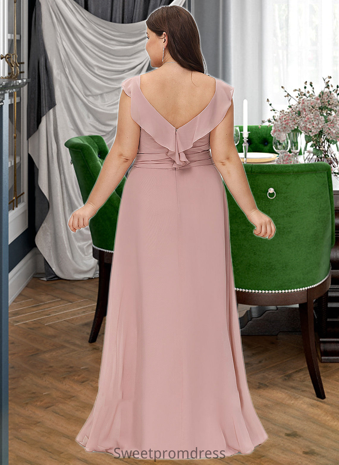 Raven Empire V-Neck Floor-Length Chiffon Bridesmaid Dress With Cascading Ruffles DHP0012790