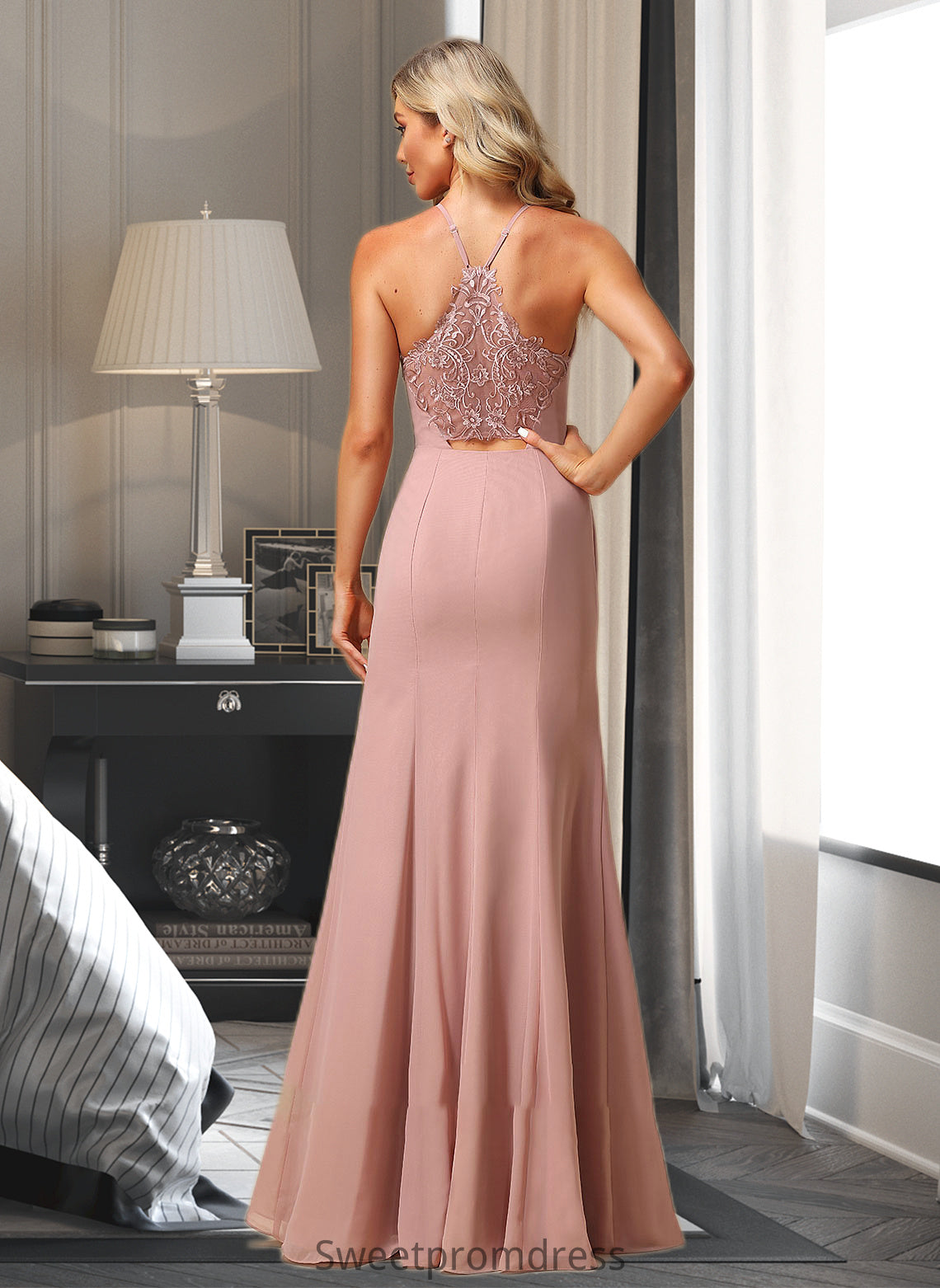 Sienna A-Line High Neck Floor-Length Bridesmaid Dress With Lace Split Front DHP0012791