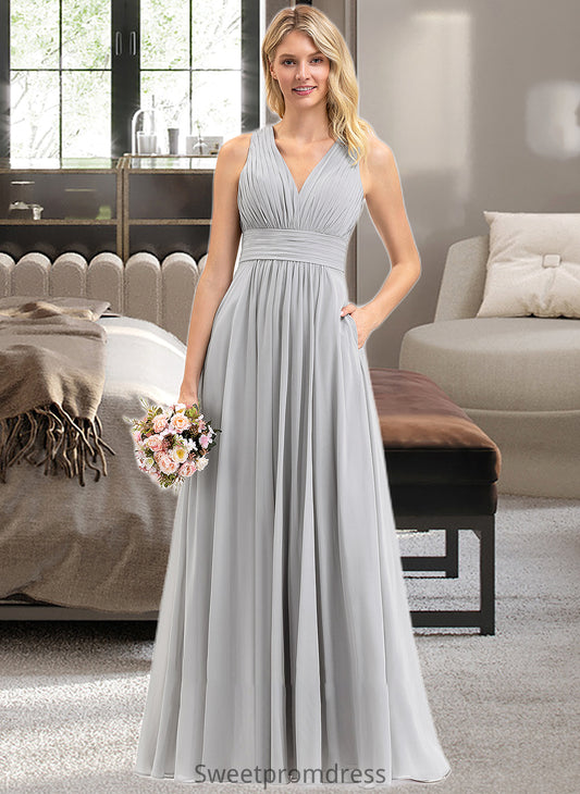 Theresa A-Line V-neck Floor-Length Chiffon Bridesmaid Dress With Ruffle Bow(s) Pockets DHP0012797