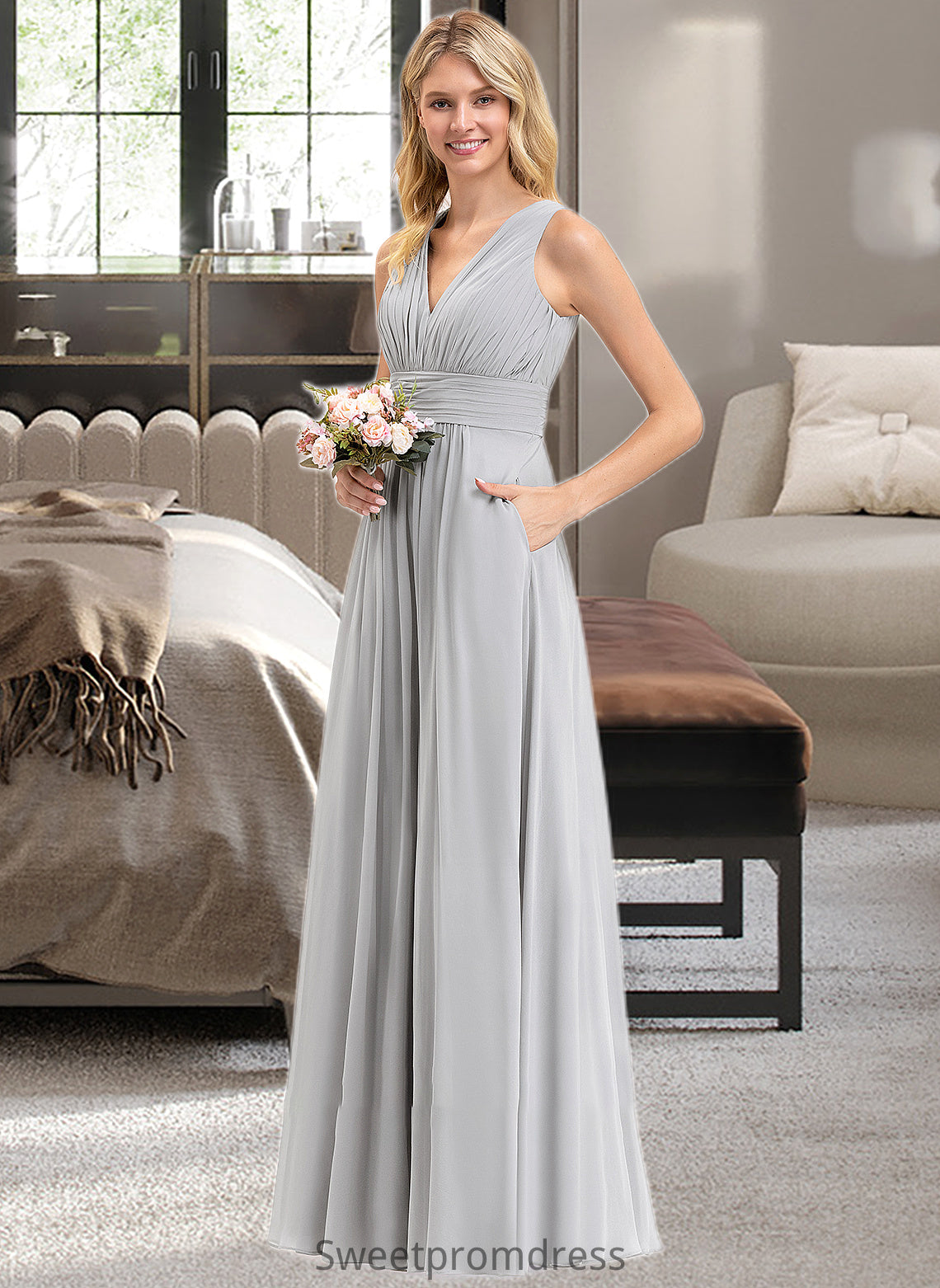 Theresa A-Line V-neck Floor-Length Chiffon Bridesmaid Dress With Ruffle Bow(s) Pockets DHP0012797