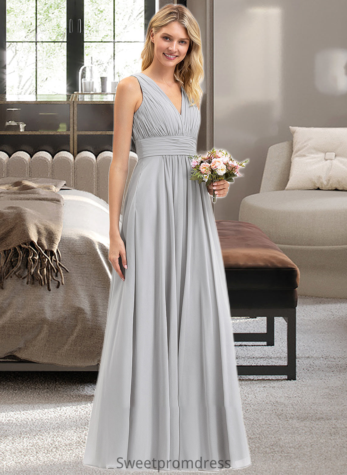 Theresa A-Line V-neck Floor-Length Chiffon Bridesmaid Dress With Ruffle Bow(s) Pockets DHP0012797