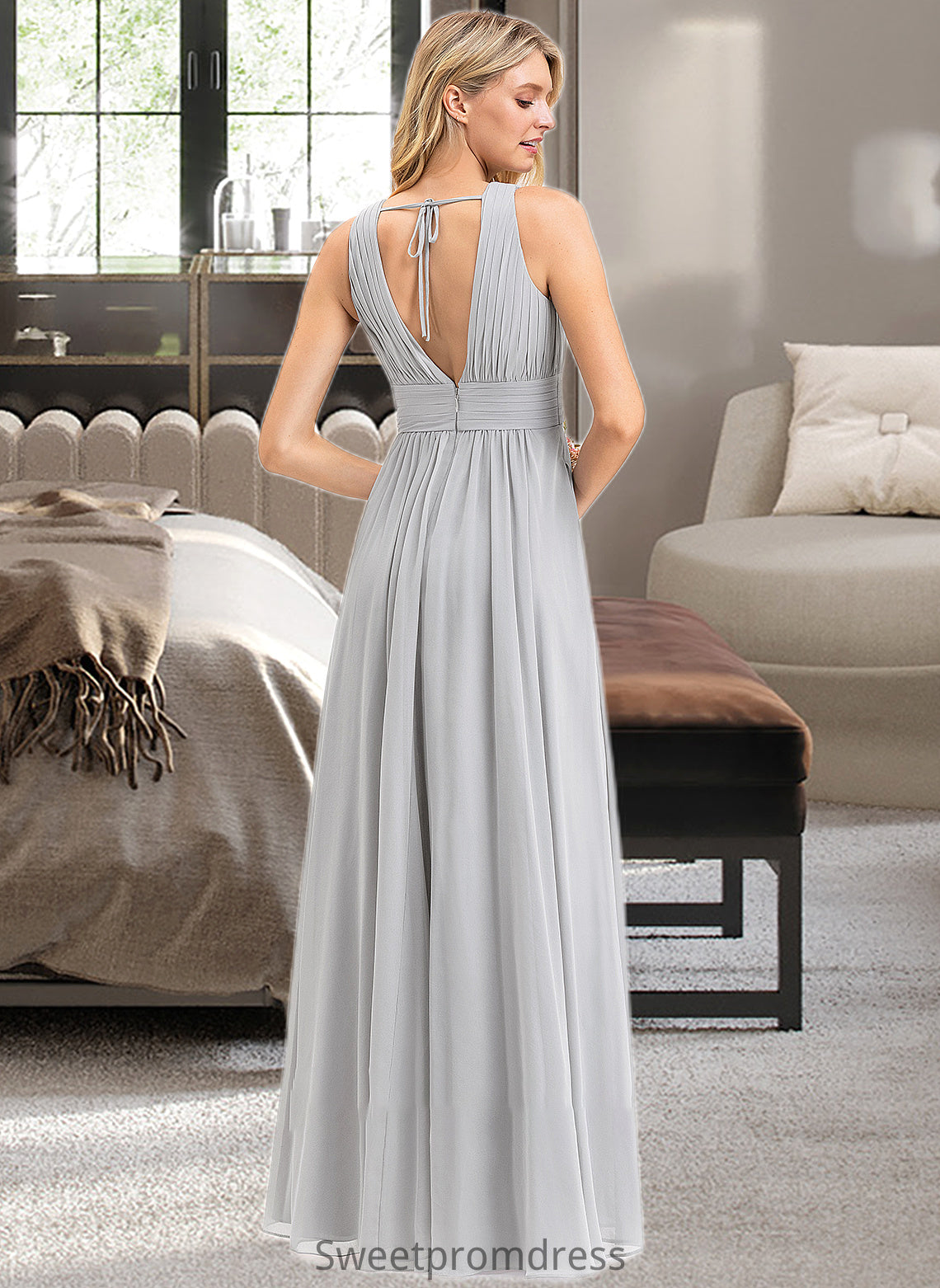 Theresa A-Line V-neck Floor-Length Chiffon Bridesmaid Dress With Ruffle Bow(s) Pockets DHP0012797