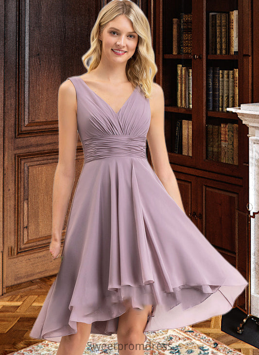 Janice A-line V-Neck Asymmetrical Chiffon Bridesmaid Dress With Ruffle DHP0012801