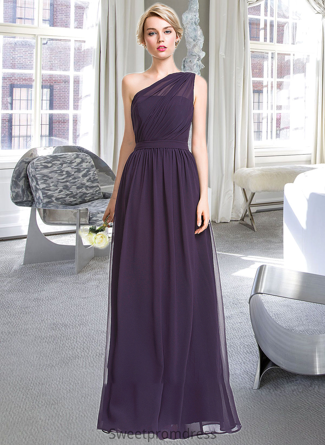 Skye A-line One Shoulder Floor-Length Chiffon Bridesmaid Dress With Ruffle DHP0012803