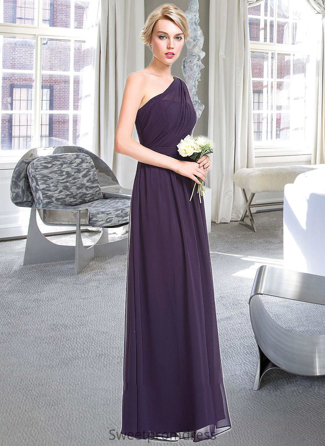 Skye A-line One Shoulder Floor-Length Chiffon Bridesmaid Dress With Ruffle DHP0012803