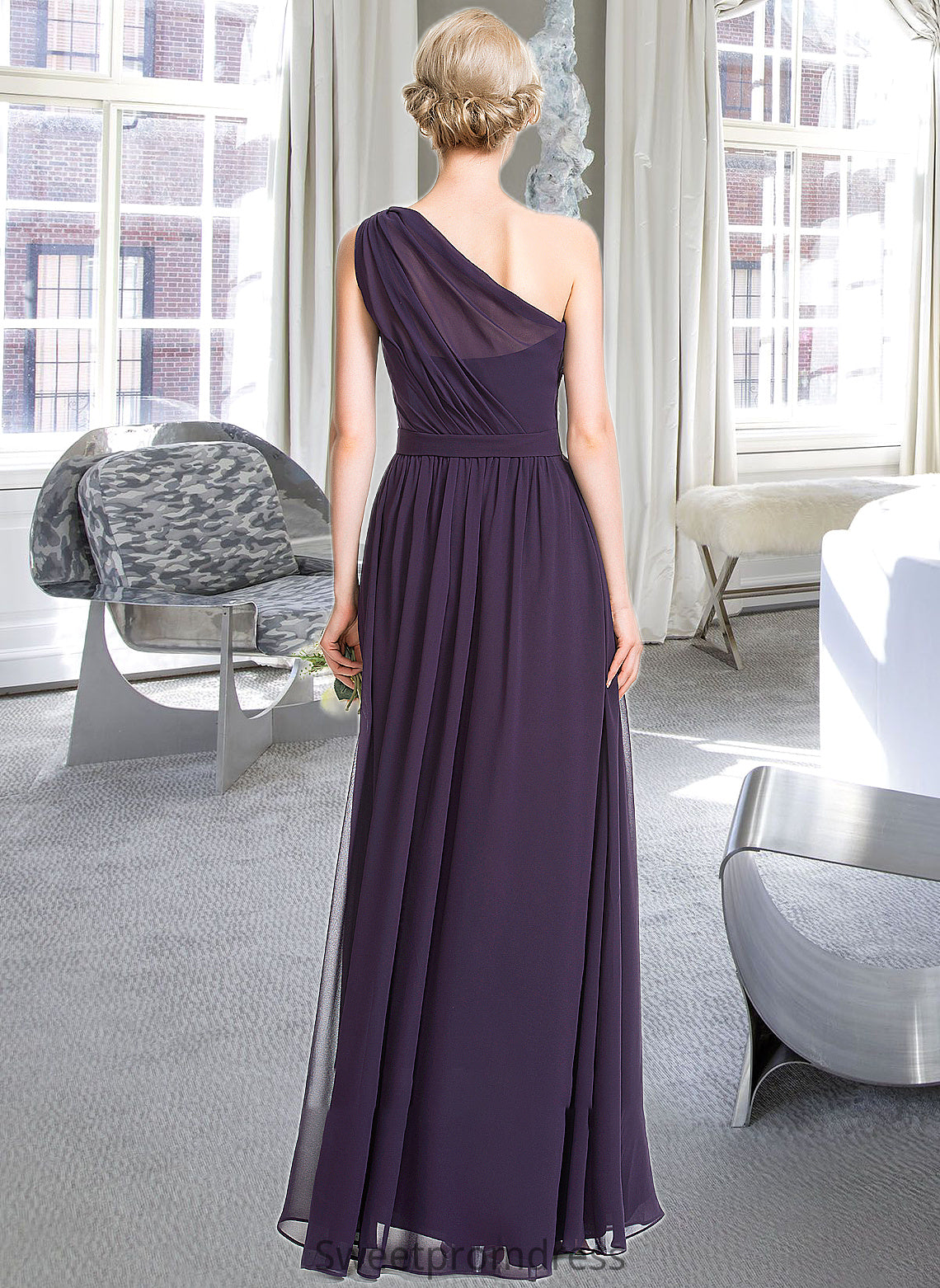 Skye A-line One Shoulder Floor-Length Chiffon Bridesmaid Dress With Ruffle DHP0012803