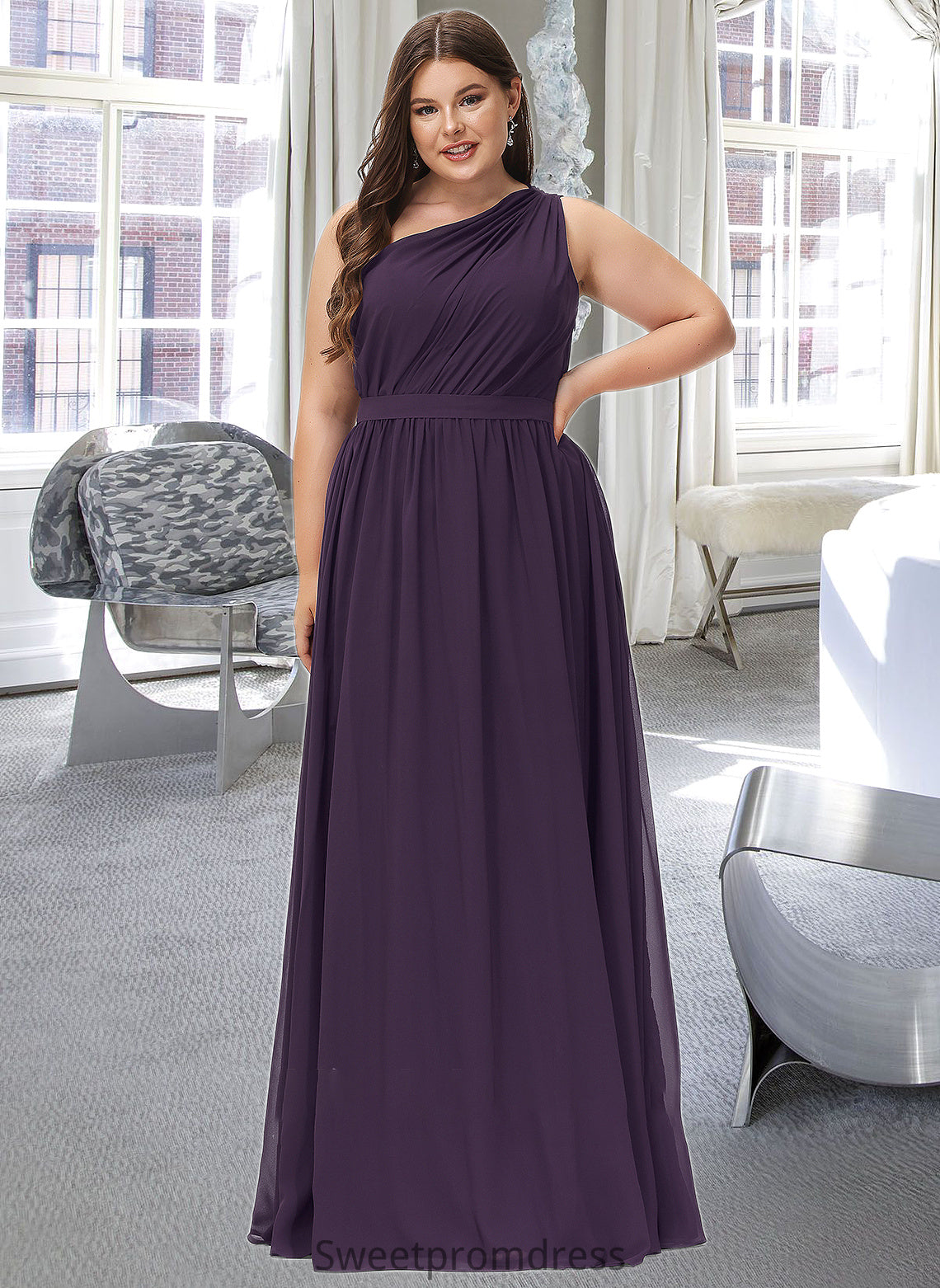 Skye A-line One Shoulder Floor-Length Chiffon Bridesmaid Dress With Ruffle DHP0012803