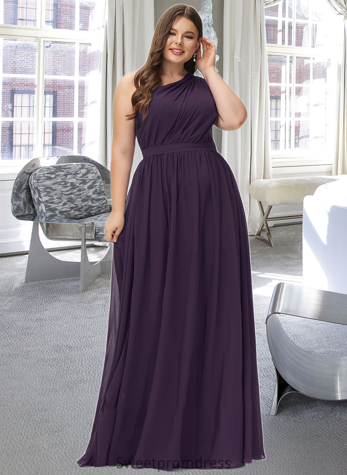 Skye A-line One Shoulder Floor-Length Chiffon Bridesmaid Dress With Ruffle DHP0012803