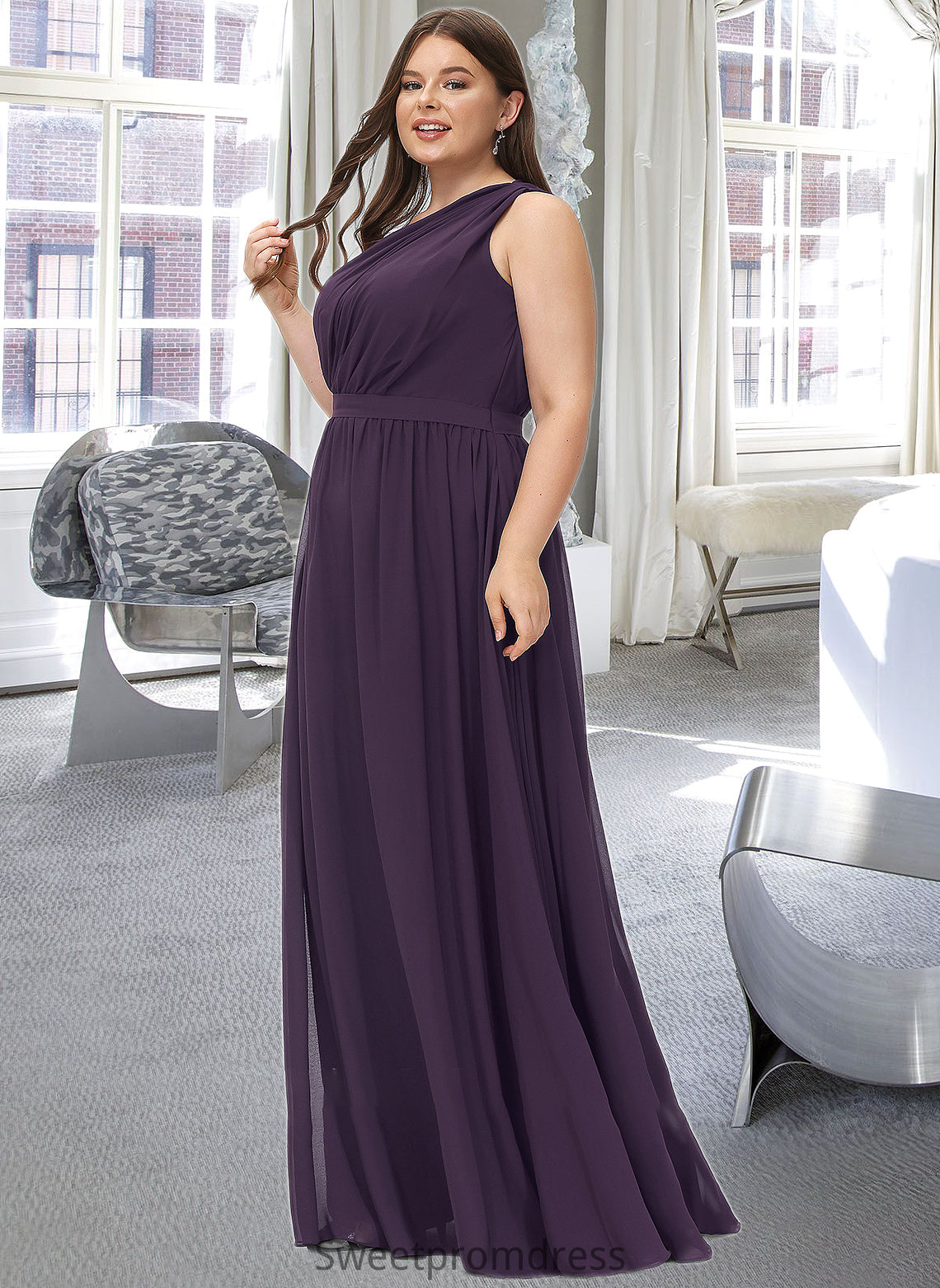 Skye A-line One Shoulder Floor-Length Chiffon Bridesmaid Dress With Ruffle DHP0012803