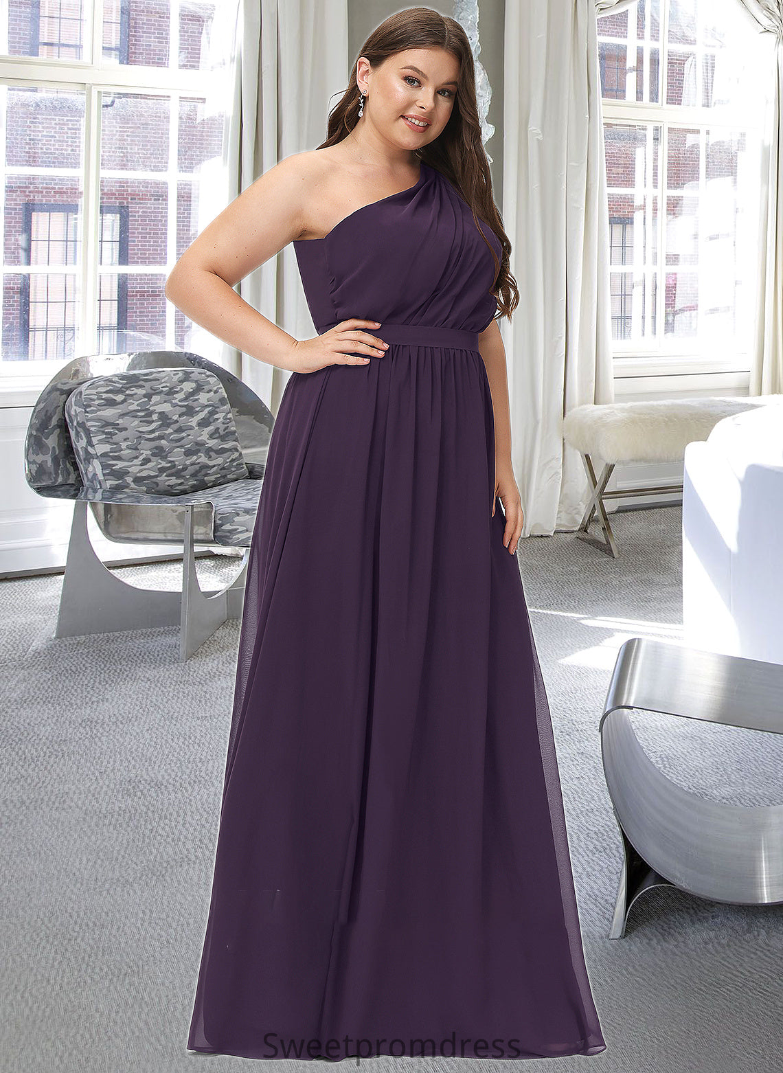 Skye A-line One Shoulder Floor-Length Chiffon Bridesmaid Dress With Ruffle DHP0012803