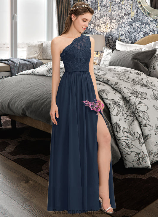 Adrienne A-Line One-Shoulder Floor-Length Chiffon Lace Bridesmaid Dress With Split Front DHP0012808