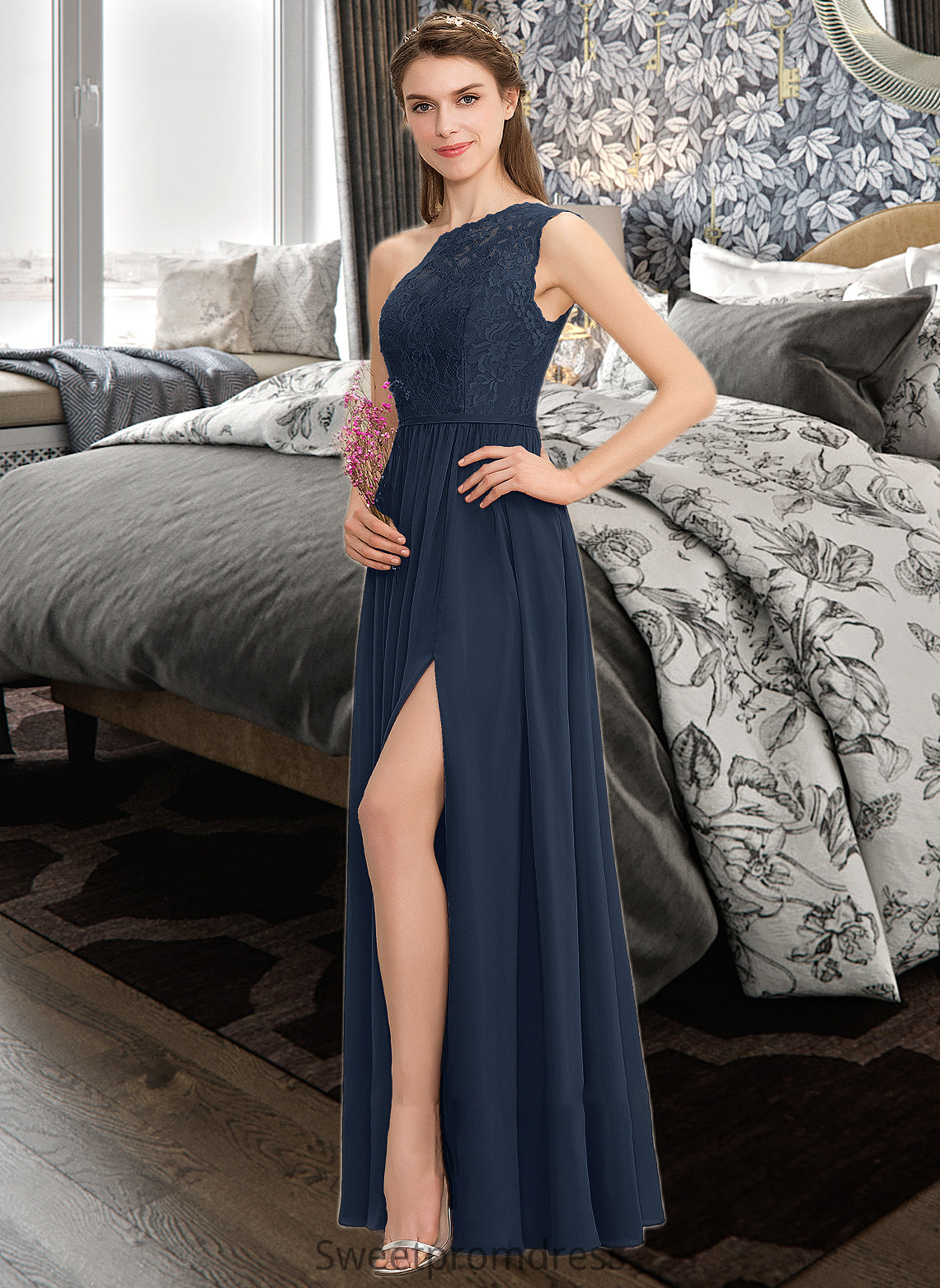 Adrienne A-Line One-Shoulder Floor-Length Chiffon Lace Bridesmaid Dress With Split Front DHP0012808