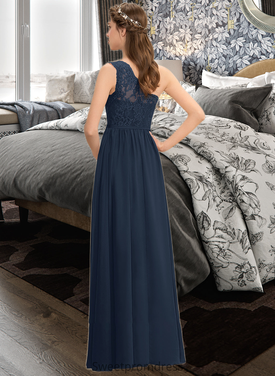 Adrienne A-Line One-Shoulder Floor-Length Chiffon Lace Bridesmaid Dress With Split Front DHP0012808