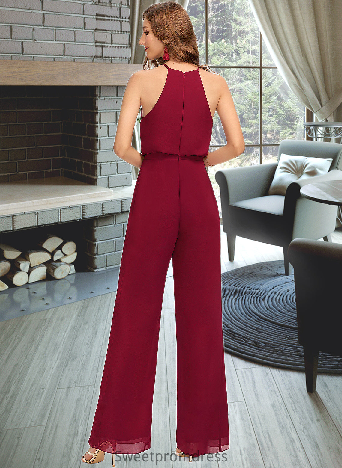 Hana Jumpsuit/Pantsuit Scoop Neck Floor-Length Chiffon Bridesmaid Dress With Pockets DHP0012809