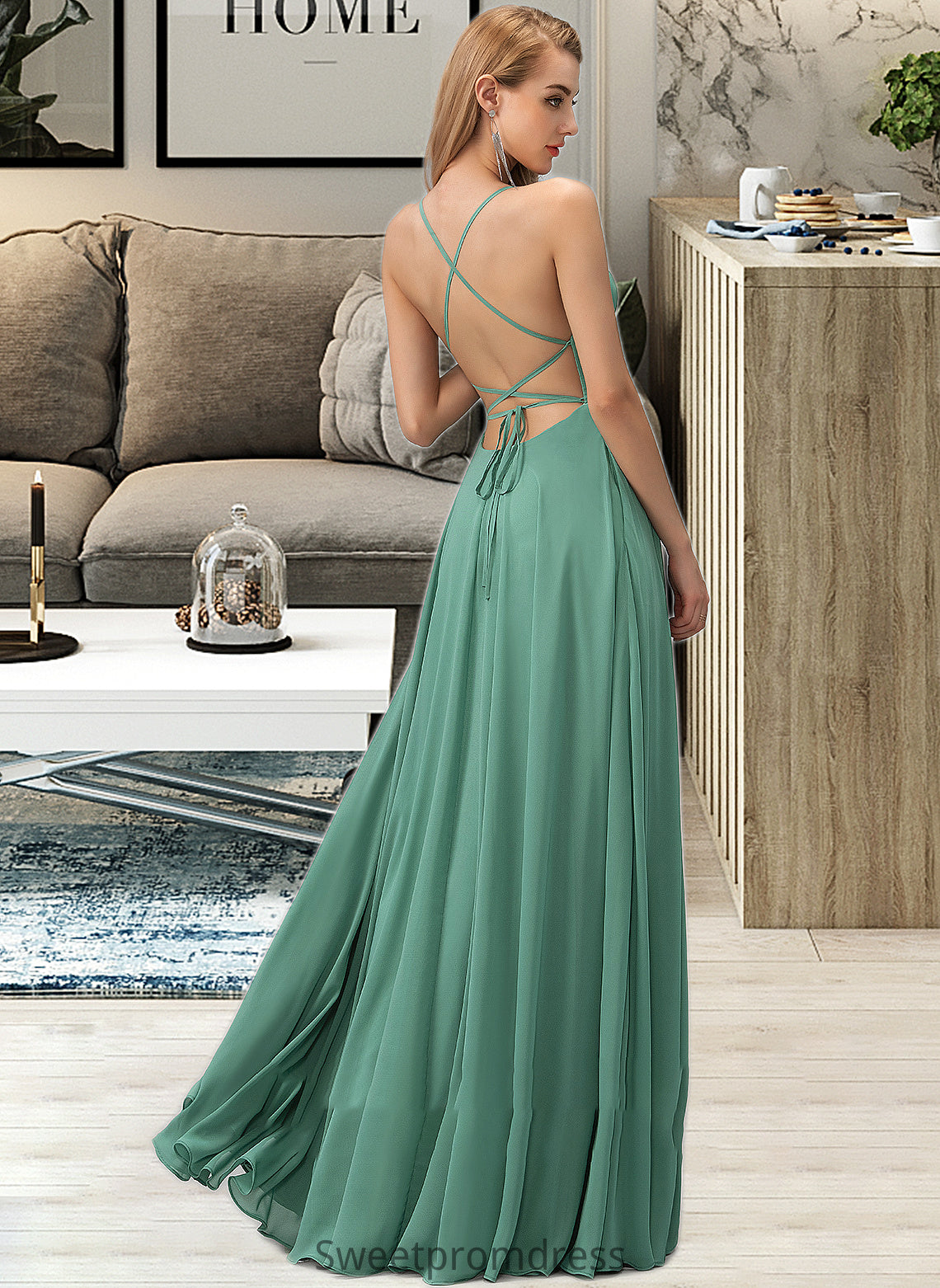 Hailee A-Line Square Neckline Floor-Length Chiffon Bridesmaid Dress DHP0012811