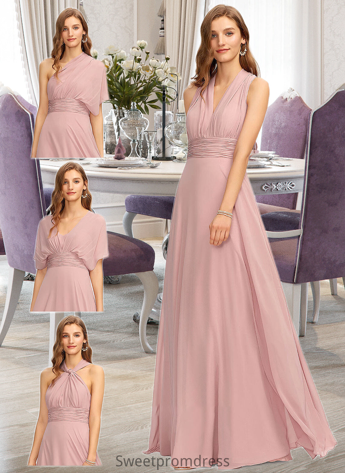 Elisa A-Line One-Shoulder Halter V-neck Floor-Length Chiffon Bridesmaid Dress With Ruffle DHP0012813