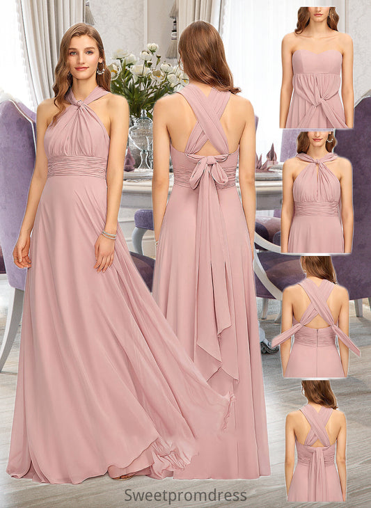 Elisa A-Line One-Shoulder Halter V-neck Floor-Length Chiffon Bridesmaid Dress With Ruffle DHP0012813