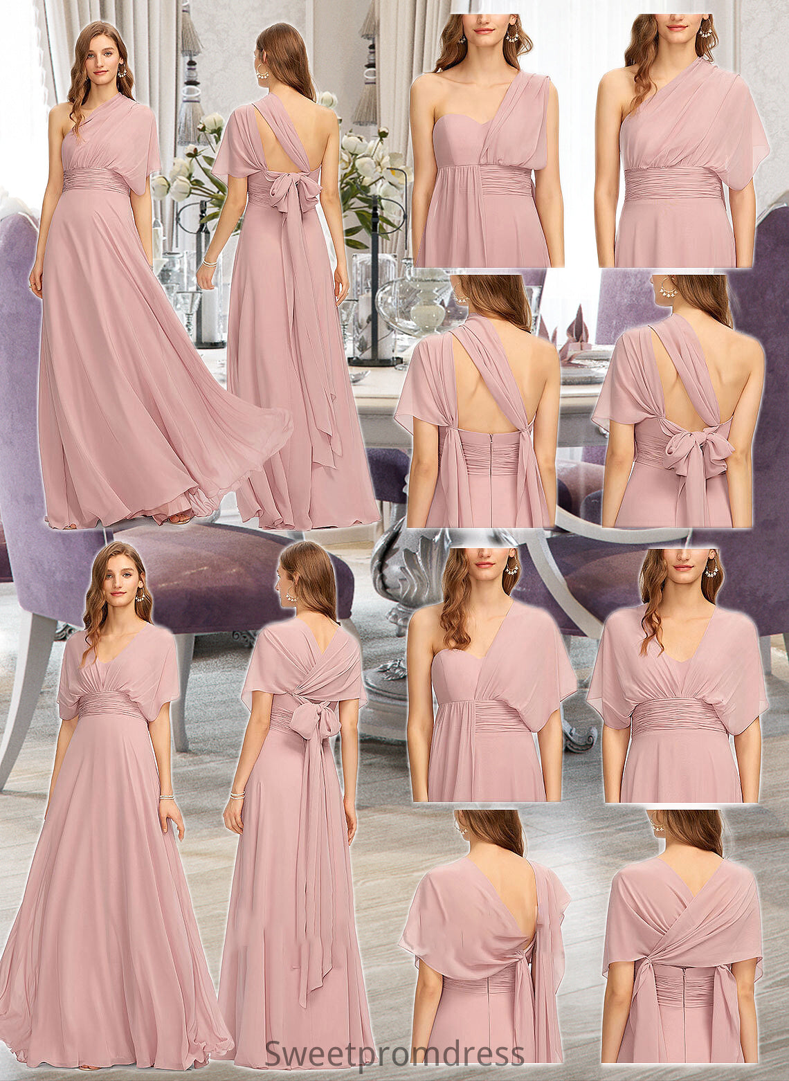 Elisa A-Line One-Shoulder Halter V-neck Floor-Length Chiffon Bridesmaid Dress With Ruffle DHP0012813