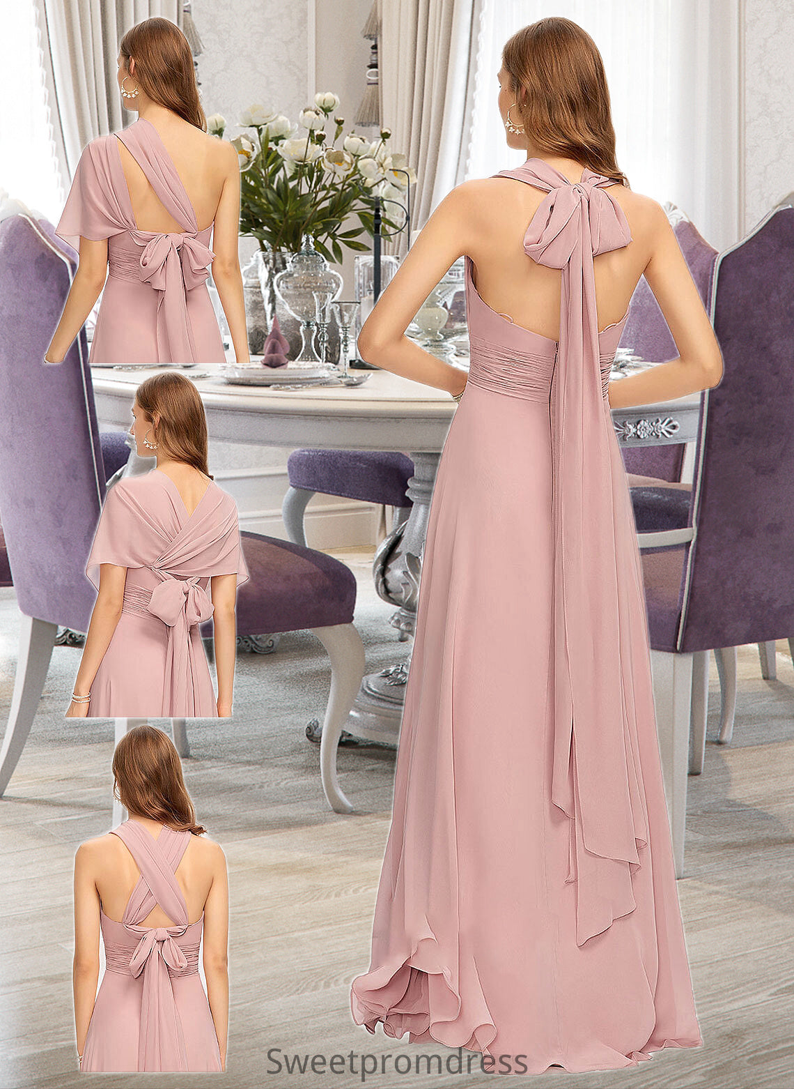 Elisa A-Line One-Shoulder Halter V-neck Floor-Length Chiffon Bridesmaid Dress With Ruffle DHP0012813