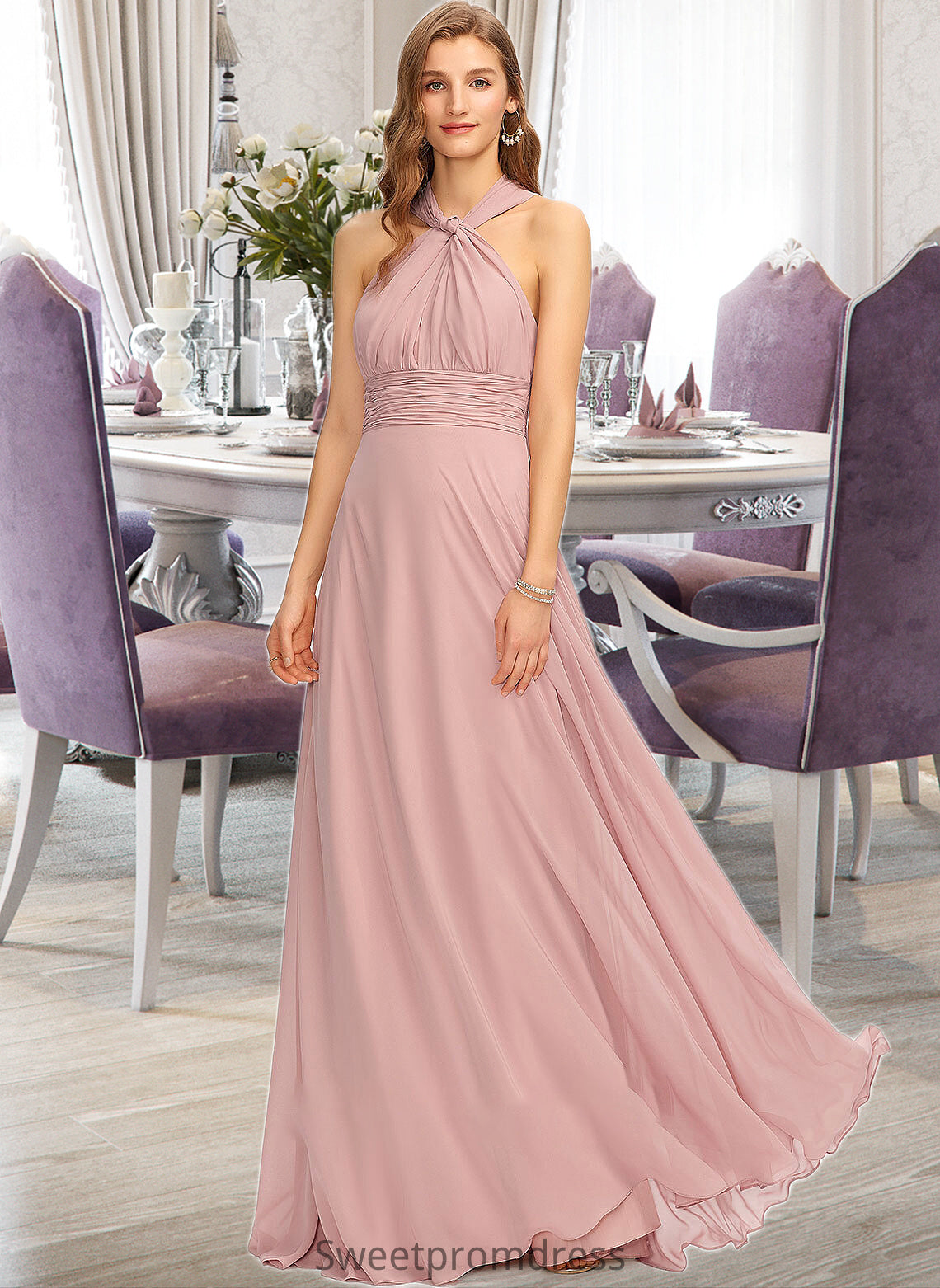 Elisa A-Line One-Shoulder Halter V-neck Floor-Length Chiffon Bridesmaid Dress With Ruffle DHP0012813