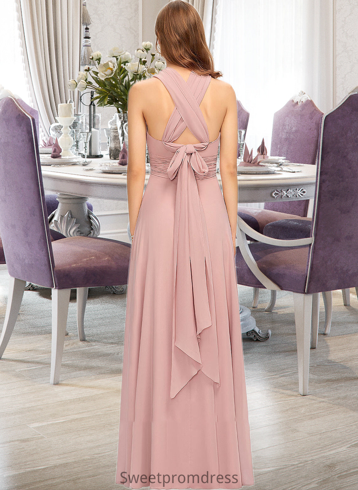 Elisa A-Line One-Shoulder Halter V-neck Floor-Length Chiffon Bridesmaid Dress With Ruffle DHP0012813