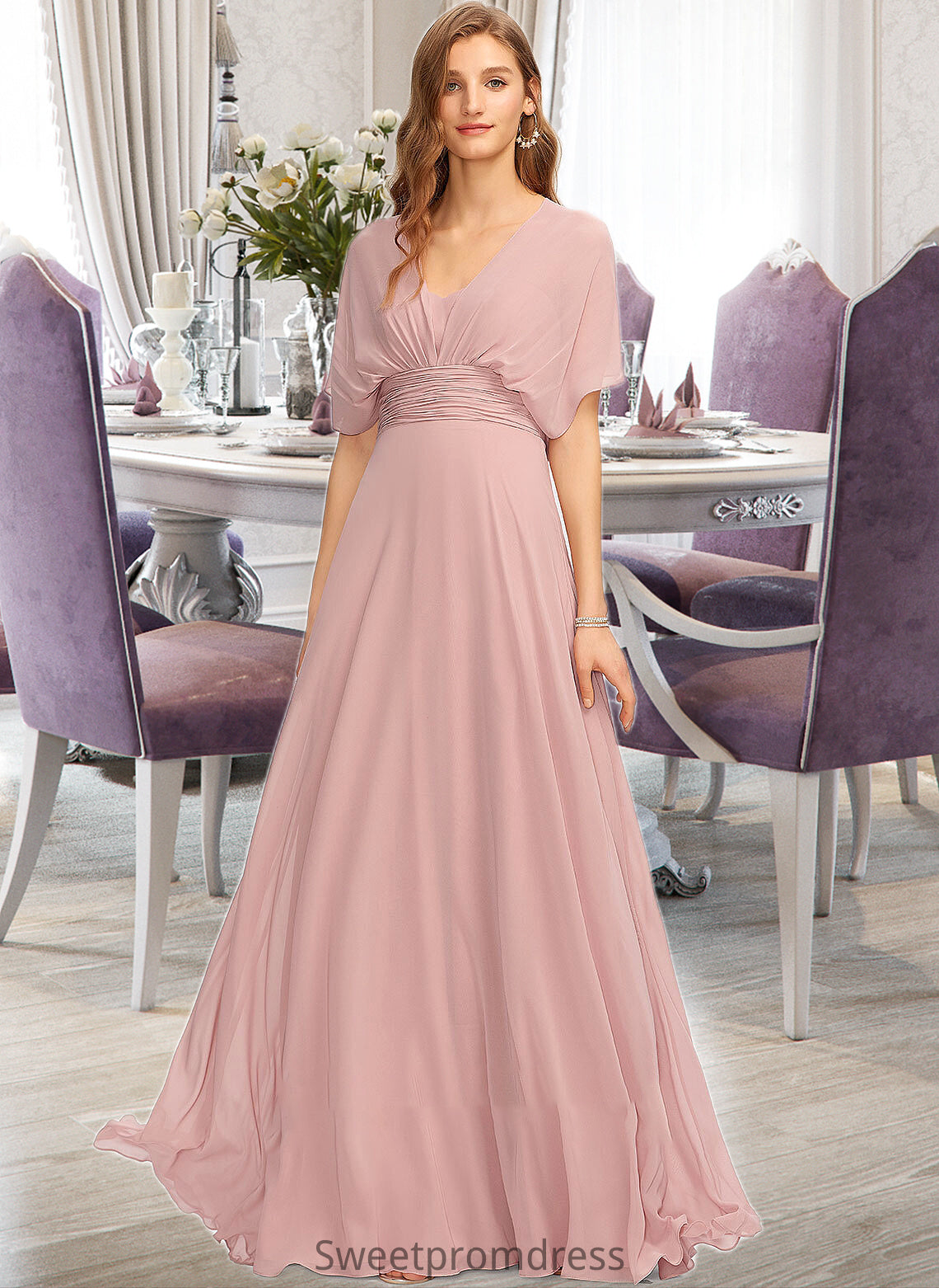 Elisa A-Line One-Shoulder Halter V-neck Floor-Length Chiffon Bridesmaid Dress With Ruffle DHP0012813