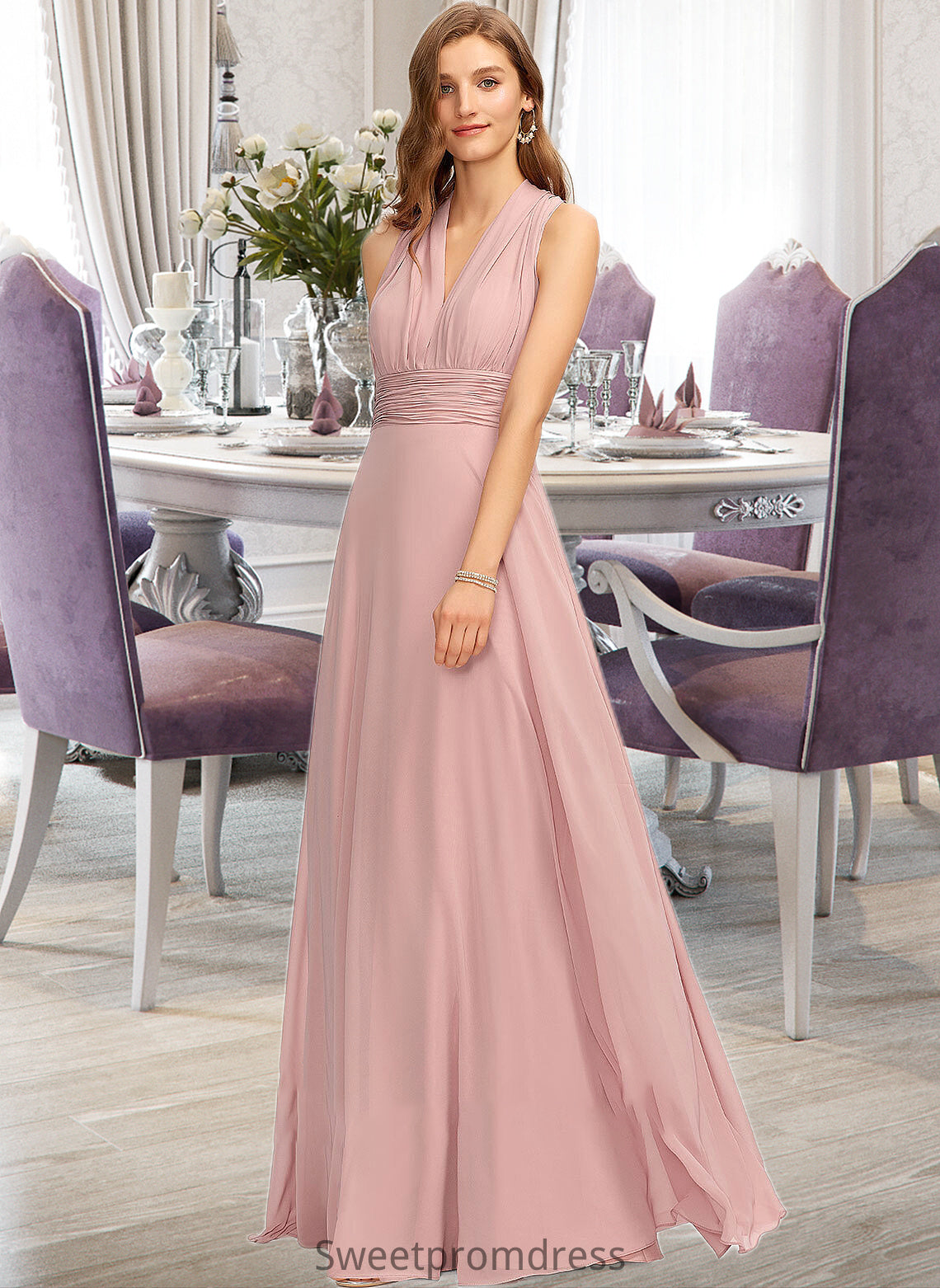 Elisa A-Line One-Shoulder Halter V-neck Floor-Length Chiffon Bridesmaid Dress With Ruffle DHP0012813