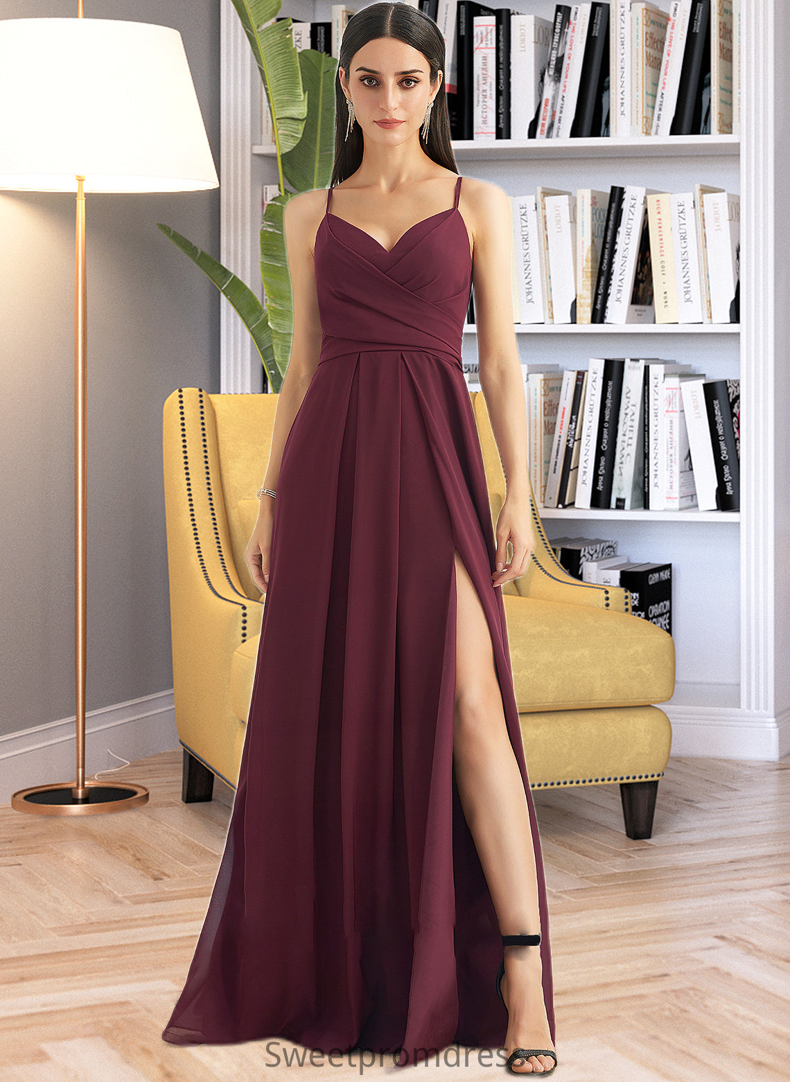 Shaylee A-Line V-neck Floor-Length Bridesmaid Dress With Ruffle Split Front DHP0012815