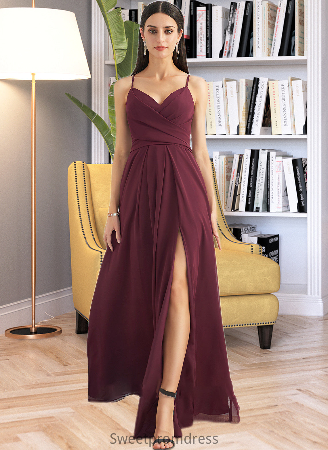 Shaylee A-Line V-neck Floor-Length Bridesmaid Dress With Ruffle Split Front DHP0012815