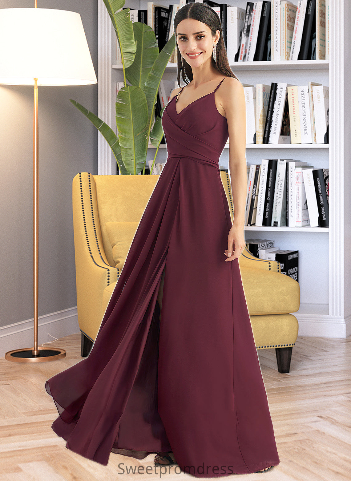 Shaylee A-Line V-neck Floor-Length Bridesmaid Dress With Ruffle Split Front DHP0012815