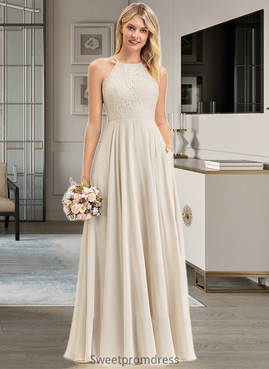 Savanna A-Line Scoop Neck Floor-Length Chiffon Lace Bridesmaid Dress With Pockets DHP0012817