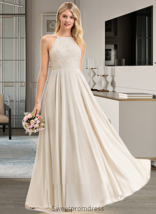 Savanna A-Line Scoop Neck Floor-Length Chiffon Lace Bridesmaid Dress With Pockets DHP0012817