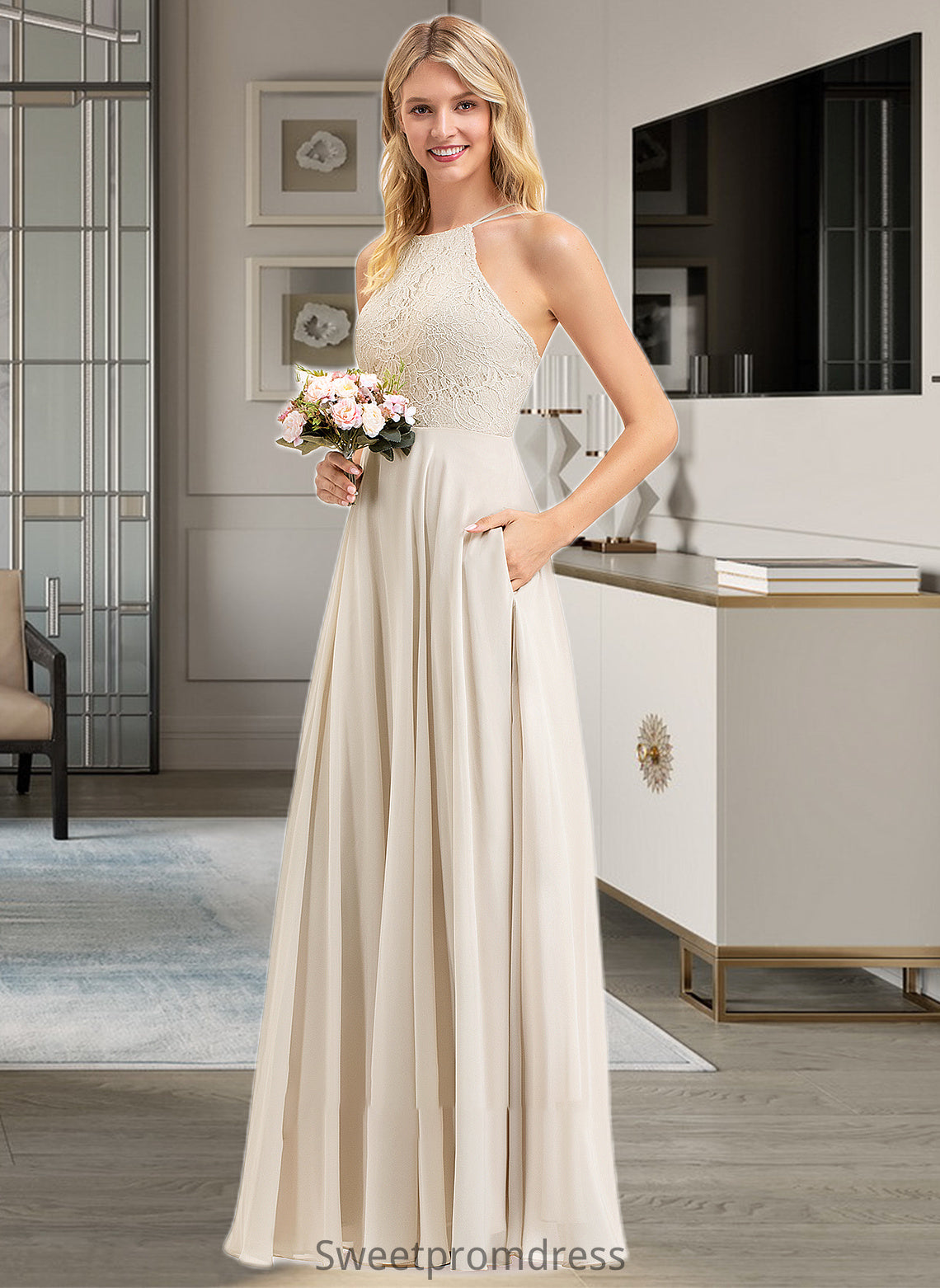 Savanna A-Line Scoop Neck Floor-Length Chiffon Lace Bridesmaid Dress With Pockets DHP0012817