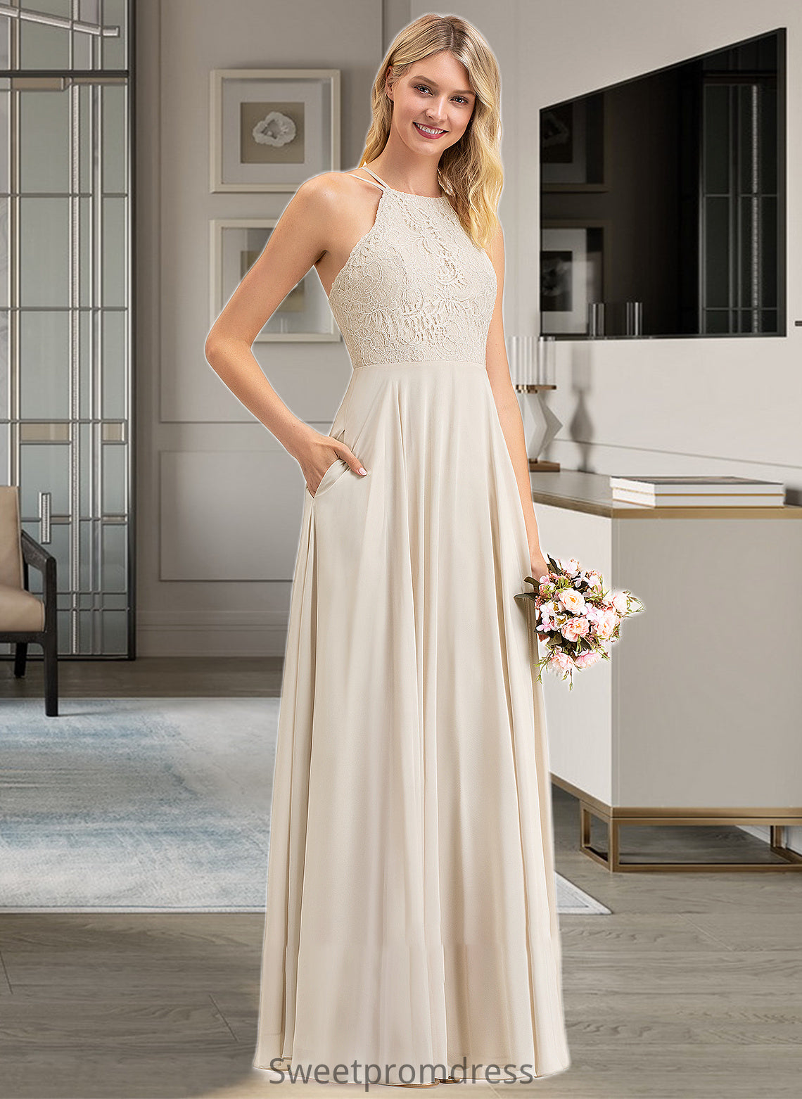 Savanna A-Line Scoop Neck Floor-Length Chiffon Lace Bridesmaid Dress With Pockets DHP0012817