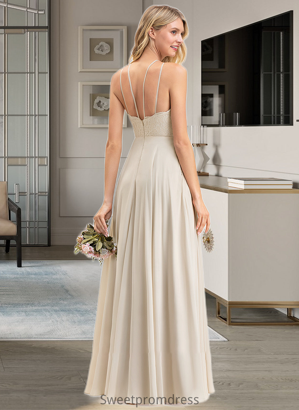 Savanna A-Line Scoop Neck Floor-Length Chiffon Lace Bridesmaid Dress With Pockets DHP0012817