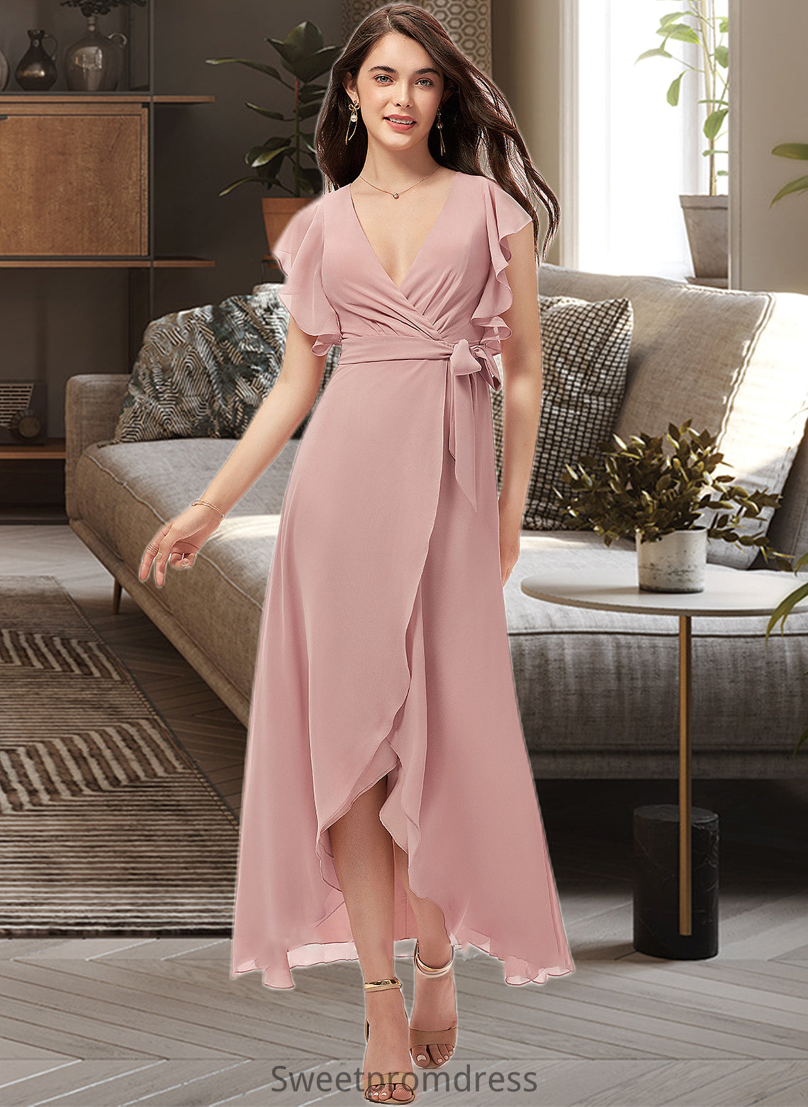 Isabel A-line V-Neck Asymmetrical Chiffon Bridesmaid Dress With Ruffle DHP0012818